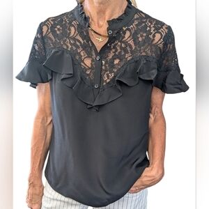 Rebecca Taylor Black Silk Lace Ruffle Blouse Top Size 6 Feminine Romantic